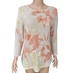 Chico's Peach Fauna warm floral sweater open knit linen blend size M